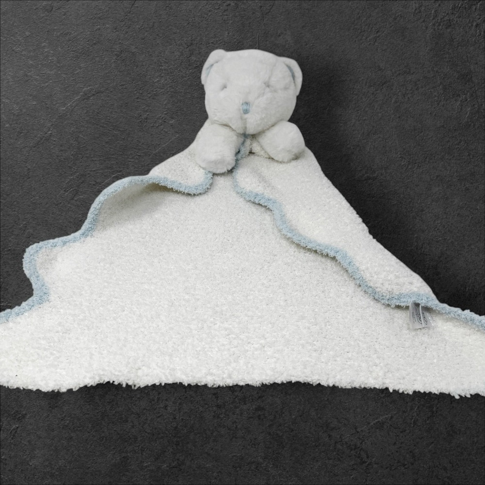 Mudpie Bear Plushie Blanket Lovie Boys Lovey White Blue Trim Scalloped Chenille - Picture 1 of 9